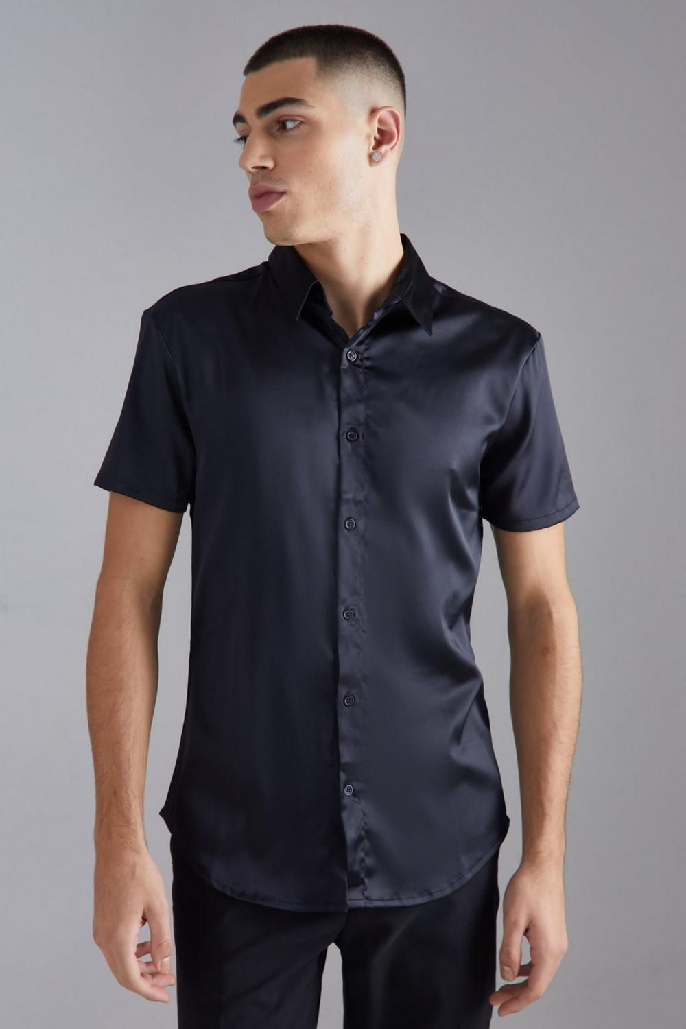COMING SOON! Size: L Black Short Sleeve Muscle Fit Stretch Satin Shirt