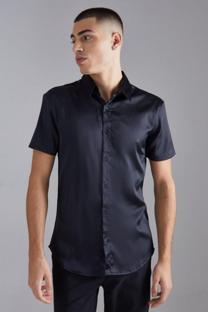 Size: L Black Short Sleeve Muscle Fit Stretch Satin Shirt