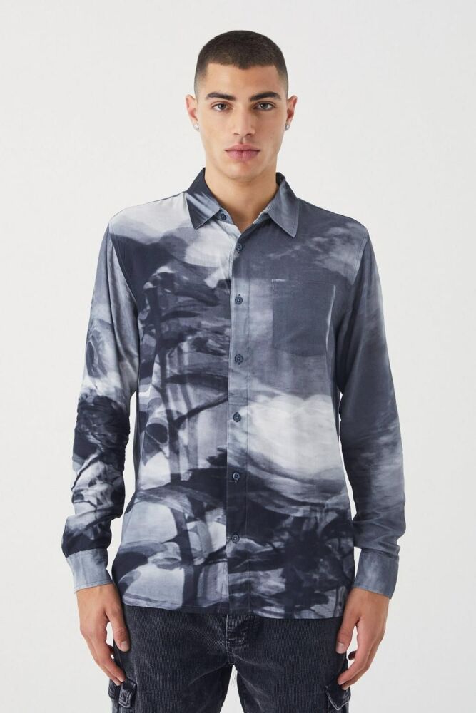 Size: L Grey Long Sleeve Viscose Abstract Floral Shirt