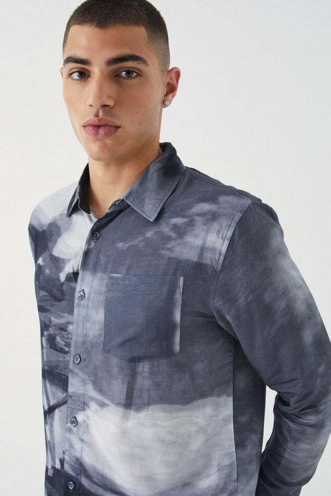 Size: L Grey Long Sleeve Viscose Abstract Floral Shirt