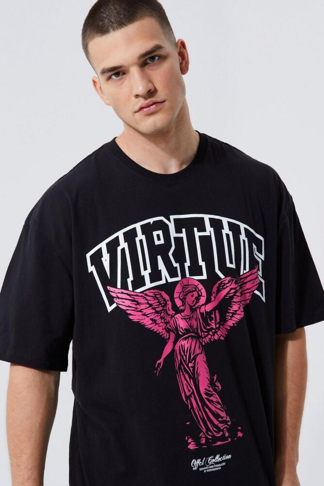 Oversized Black Virtue Graphic Print T-shirt Size: S