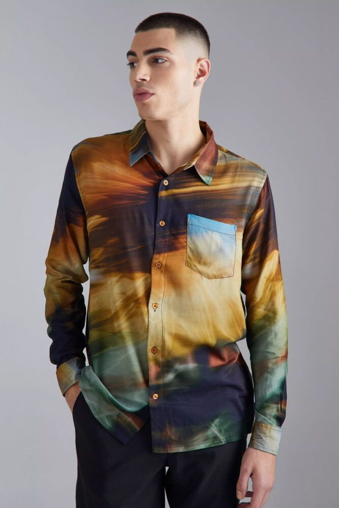 Size: M Brown Long Sleeve Viscose Abstract Tie Dye Shirt