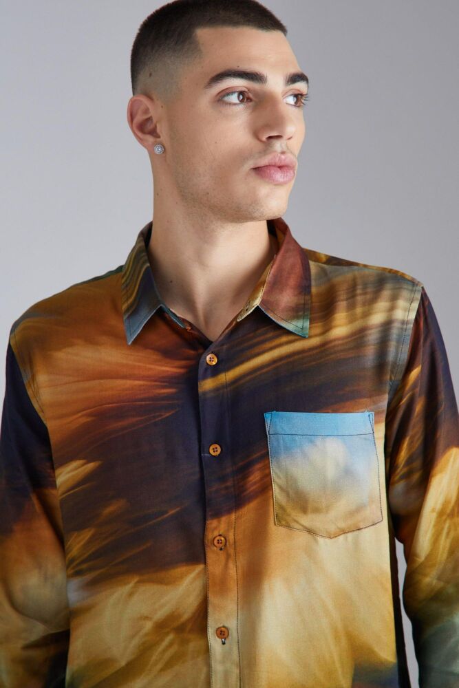Size: M Brown Long Sleeve Viscose Abstract Tie Dye Shirt