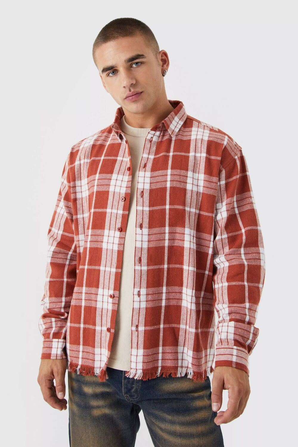 COMING SOON! Size: M Boxy Long Sleeve Plaid Distressed Shirt