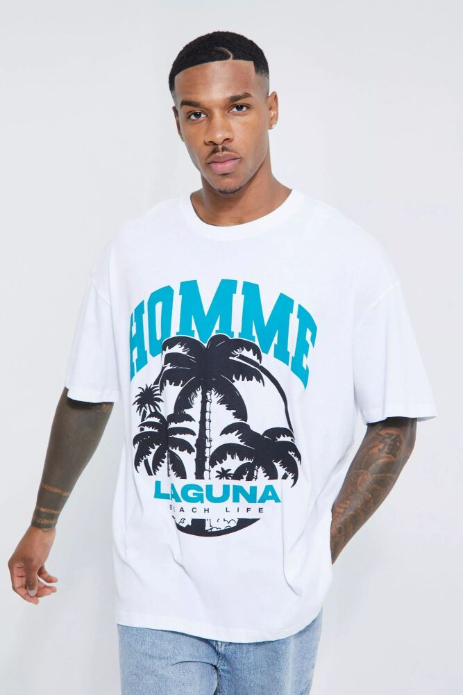 Oversized White Laguna Beach Print T-shirt Size: S