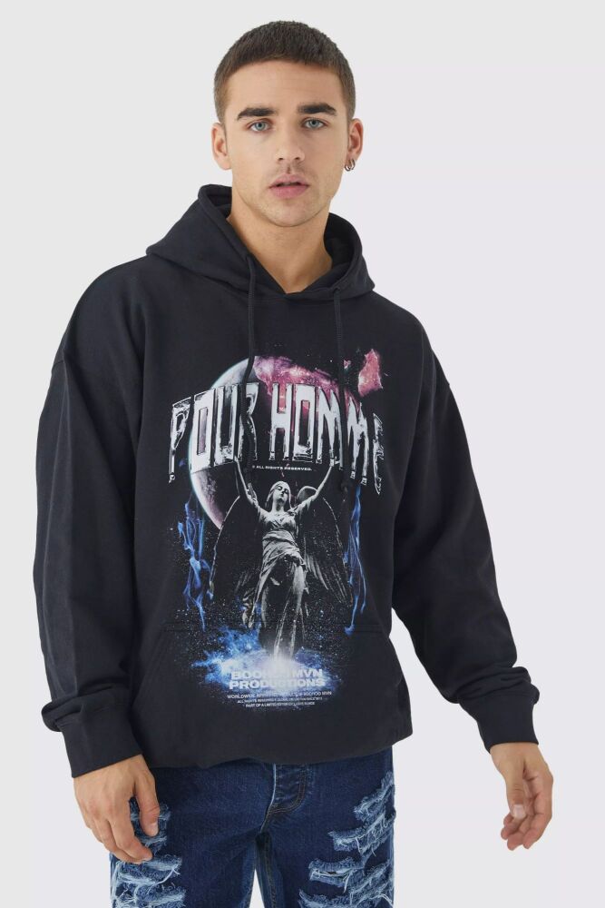 Size: L Black Oversized Graphic Hoodie