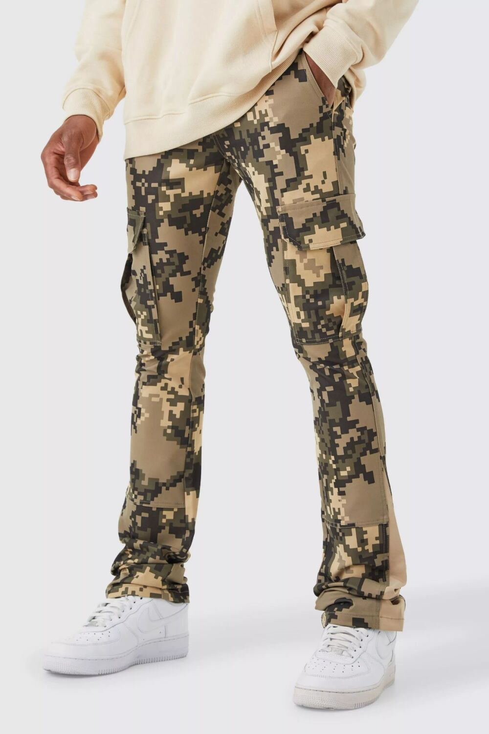 Green Skinny Flare Pixel Print Cargo Pants