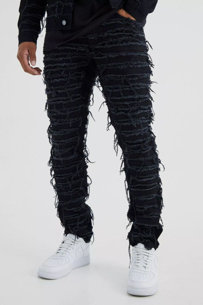 Size: 34 Black Slim Fit Rigid All Over Distressed Jeans