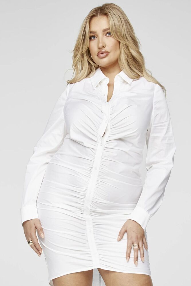 Size: XL White Long Sleeve Ruched Shirt Dress Product Code: X05960