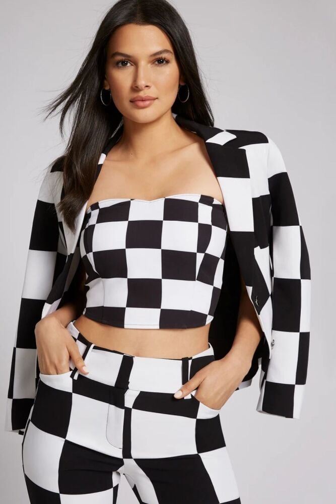 Black/White Checker-Print Strapless Corset Blouse