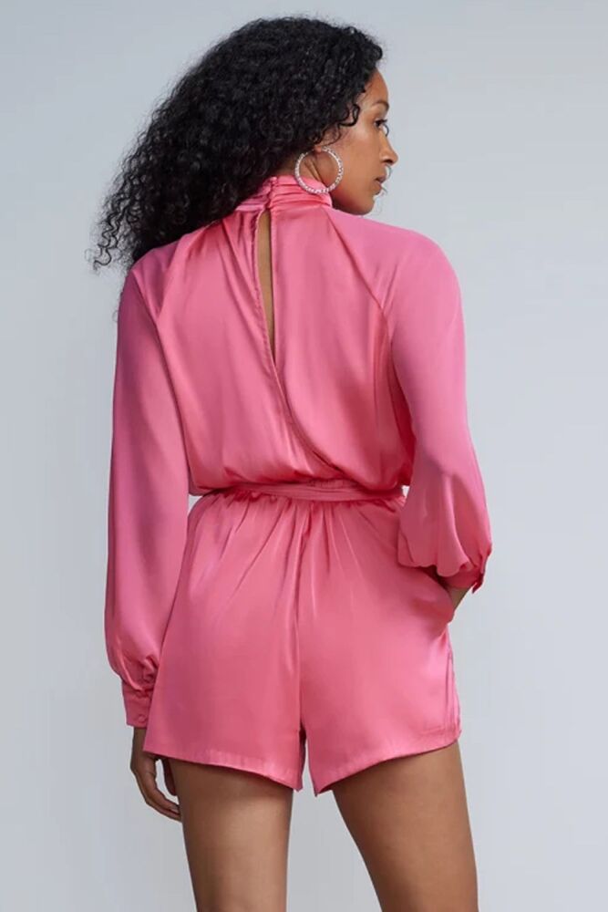 Rose Pink Chiffon Long Sleeve Romper SKU#675842