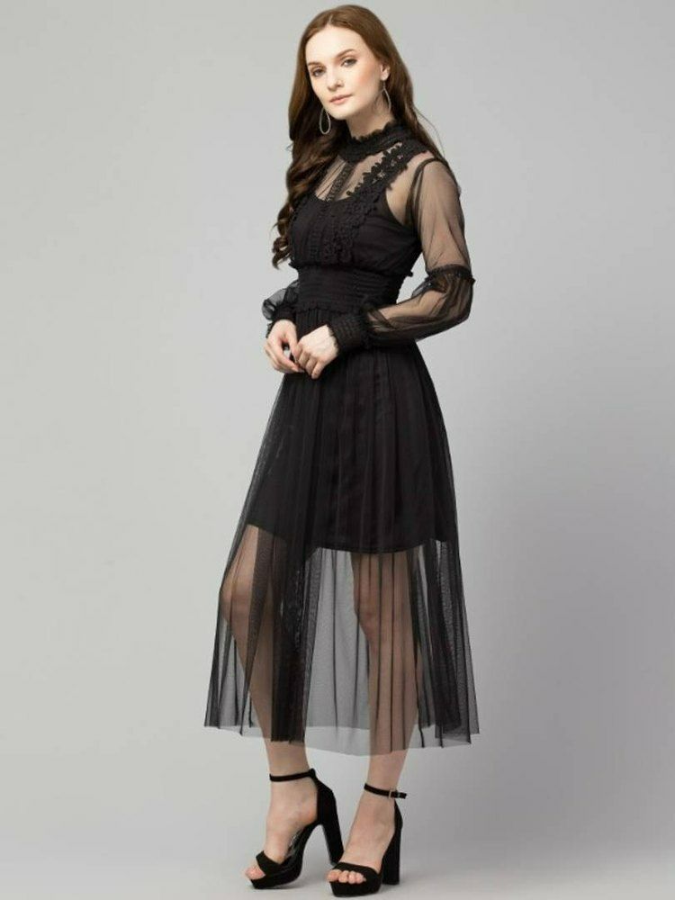 Code: B410 Black A-Line Lantern Sleeve Chiffon Dress Size: M