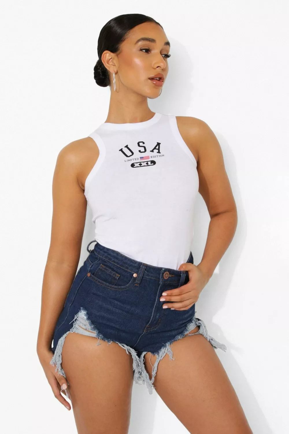 Extreme distressed denim shorts sales