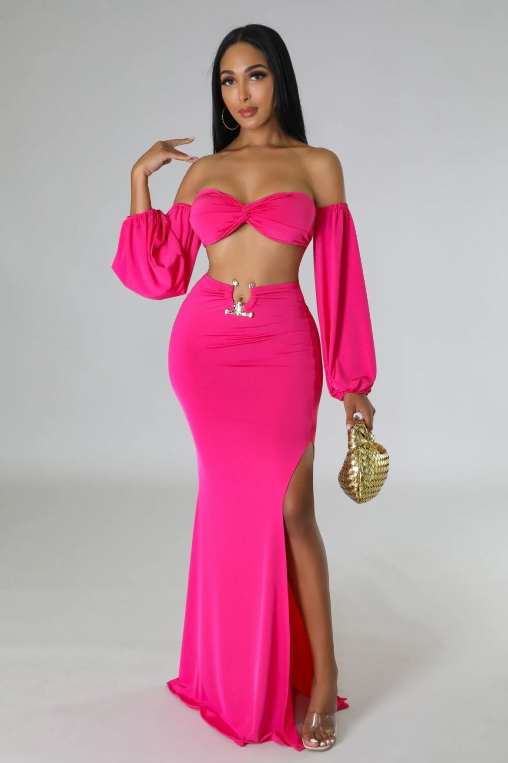 Fuchsia Off Shoulder Long Sleeves Hight Waisted Skirt Set SKU: 456371