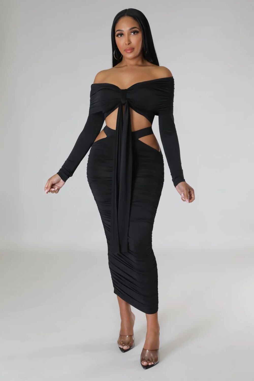 Black Long Sleeves High Waisted Two-piece Set SKU: 453620