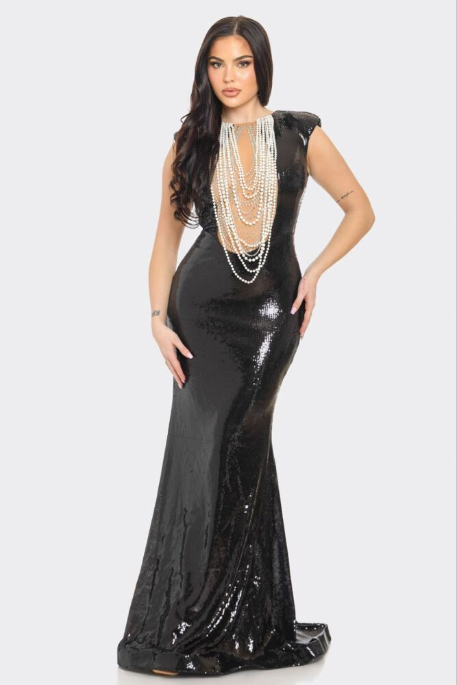 Black Pearly Nights Maxi Dress SKU#089001