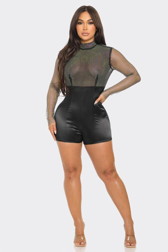 Black Rhinestone Satin Contrast Romper SKU: R090807