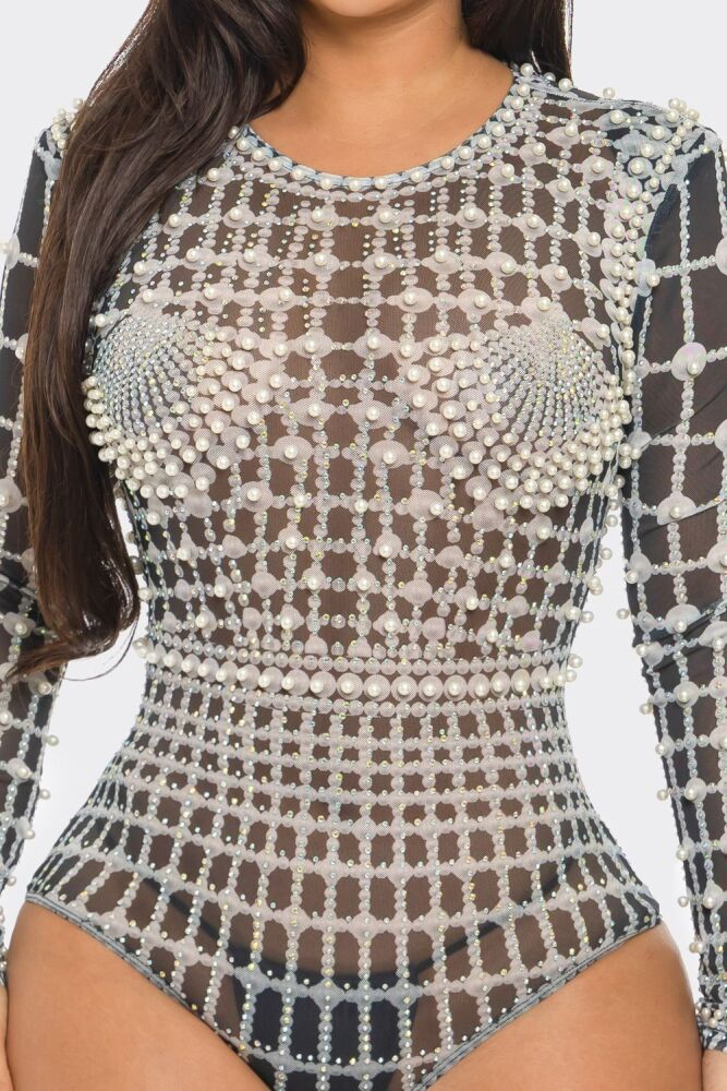 Rhinestone/Pearl Embellished Mesh Bodysuit SKU#789011