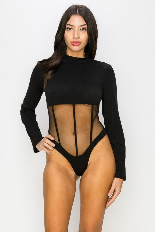 Black long sleeve sexy mesh bodysuit SKU#374621