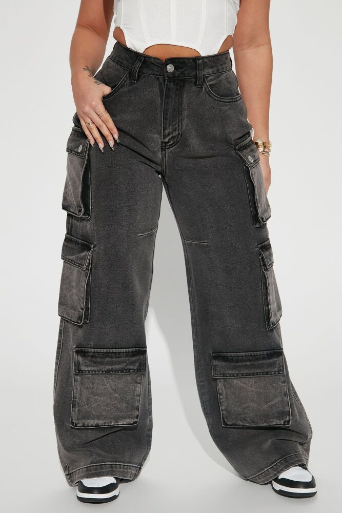 Black Wide Leg Non-Stretch Cargo Jeans SKU: CP0892