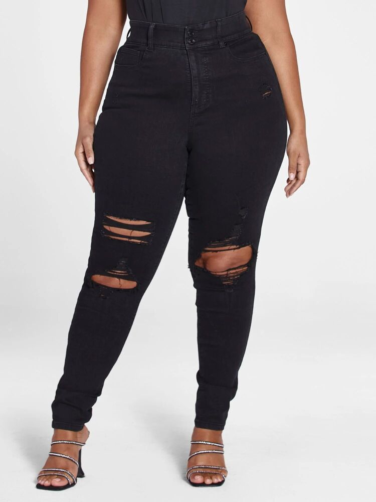 Black Blowout Knees High Rise Curvy Fit Skinny Jeans SKU#564748