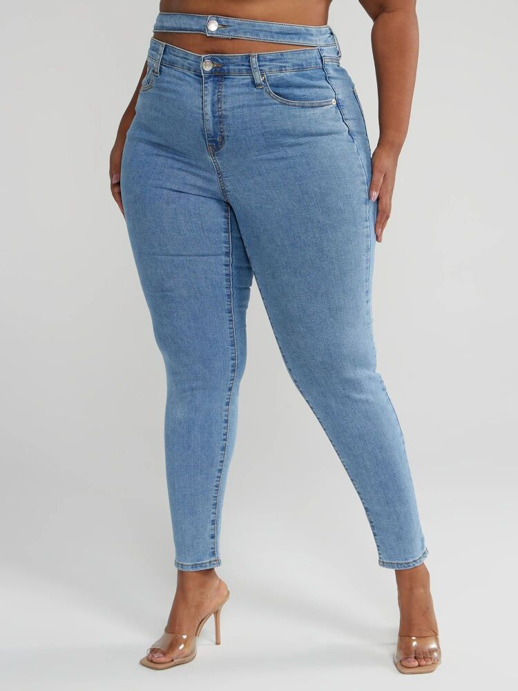 High Rise Double Waistband Cutout Skinny Jeans SKU#589062