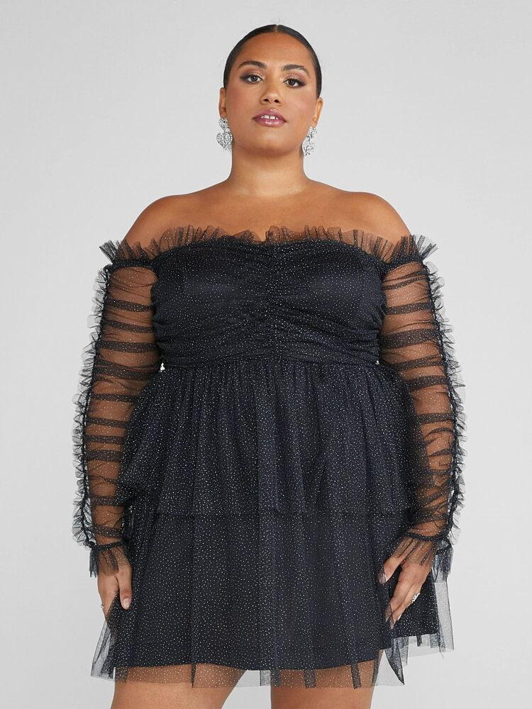 Black Janessa Off-The-Shoulder Shimmer Party Dress SKU#D25674