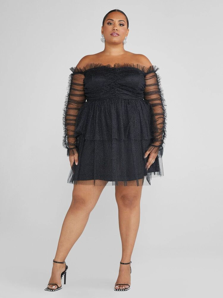 Black Janessa Off-The-Shoulder Shimmer Party Dress SKU#D25674