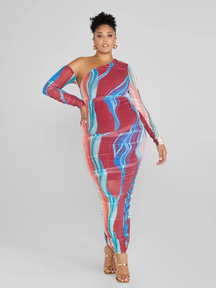 Multicolor One Shoulder Ruched Maxi Dress SKU: D03422