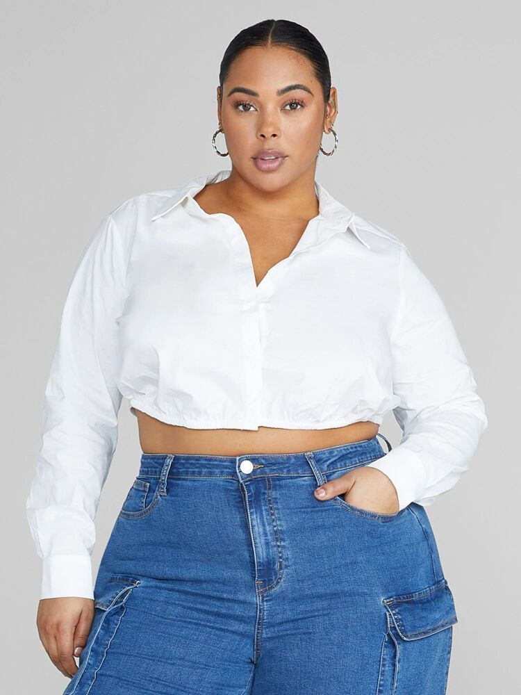 White Button-Down Chain Detail Cropped Shirt Size: XL