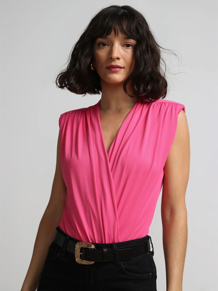 Coming Soon Pink V-Neck Padded-Shoulder Knit Bodysuit Size: XL