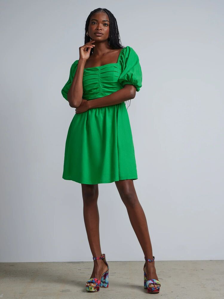Green Puff-Sleeve Smocked Shift Dress Size: 2XL SKU#F06577
