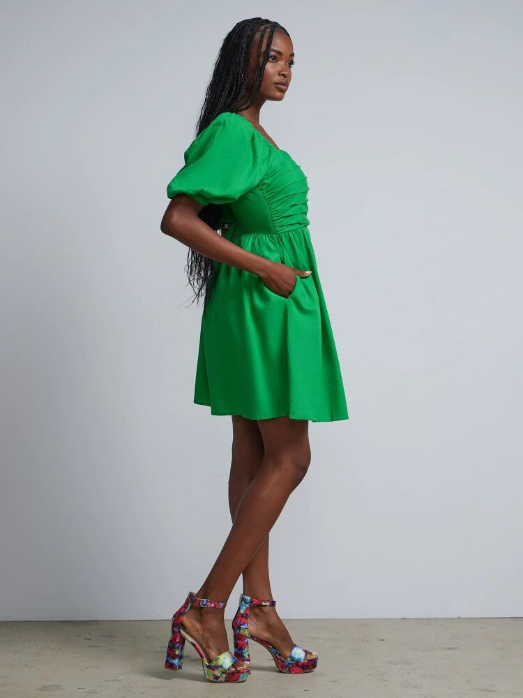 Green Puff-Sleeve Smocked Shift Dress Size: 2XL SKU#F06577