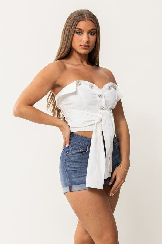 White Jewel Button and Front Knot Detail Tube Top SKU#454448