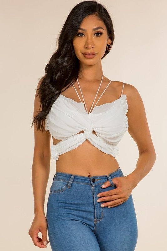 White Butterfly Shape Cut Out Halter Crop Top SKU#231412