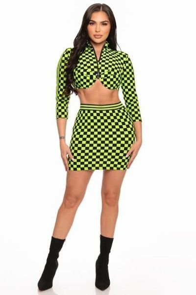 Green Sporty Checkered Print Skirt Set SKU#564733