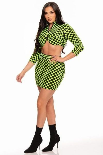 Green Sporty Checkered Print Skirt Set SKU#564733