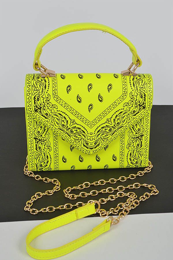 Neon Yellow Bandana Print Handle Cross Body Bag ''6.5W 5H 3D Print