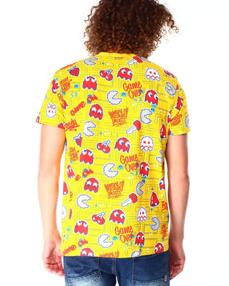 Yellow All Over Pac-Man Printed Crew Neck Tee Size: M SKU#8880909