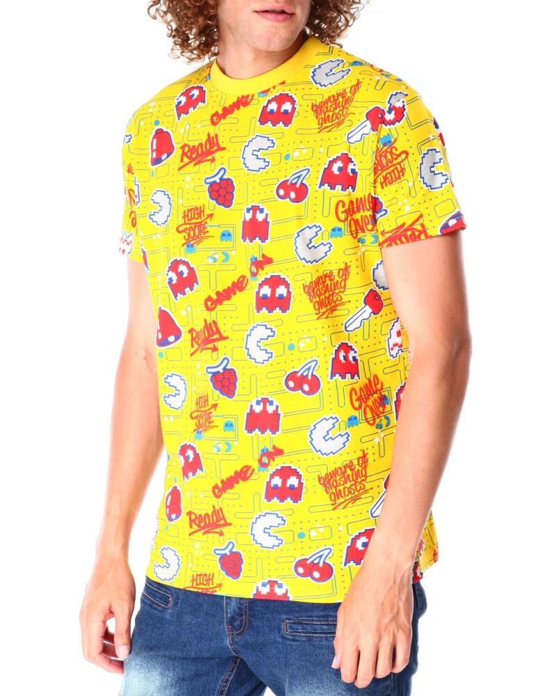 Yellow All Over Pac-Man Printed Crew Neck Tee Size: M SKU#8880909
