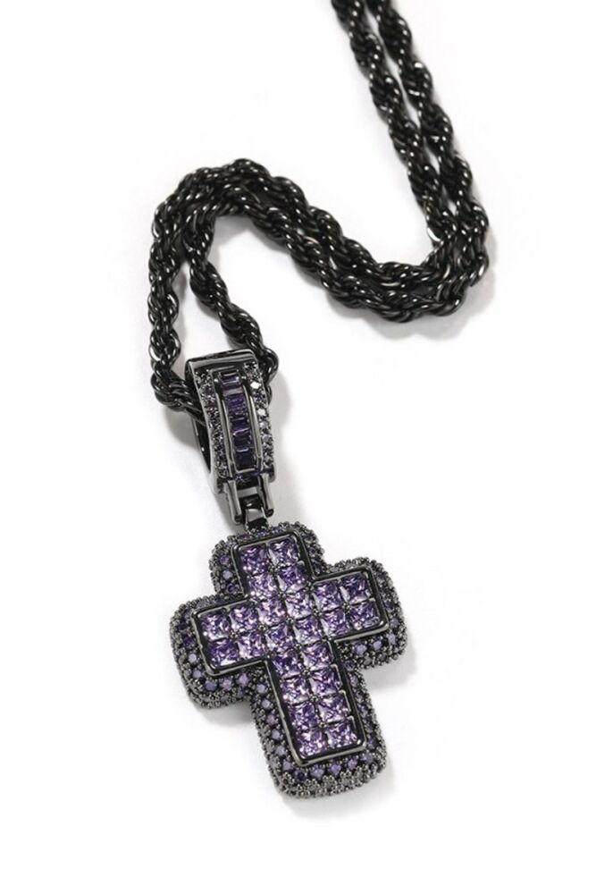 Black/Purple Rhinestone Cross Necklace (length:60cm)