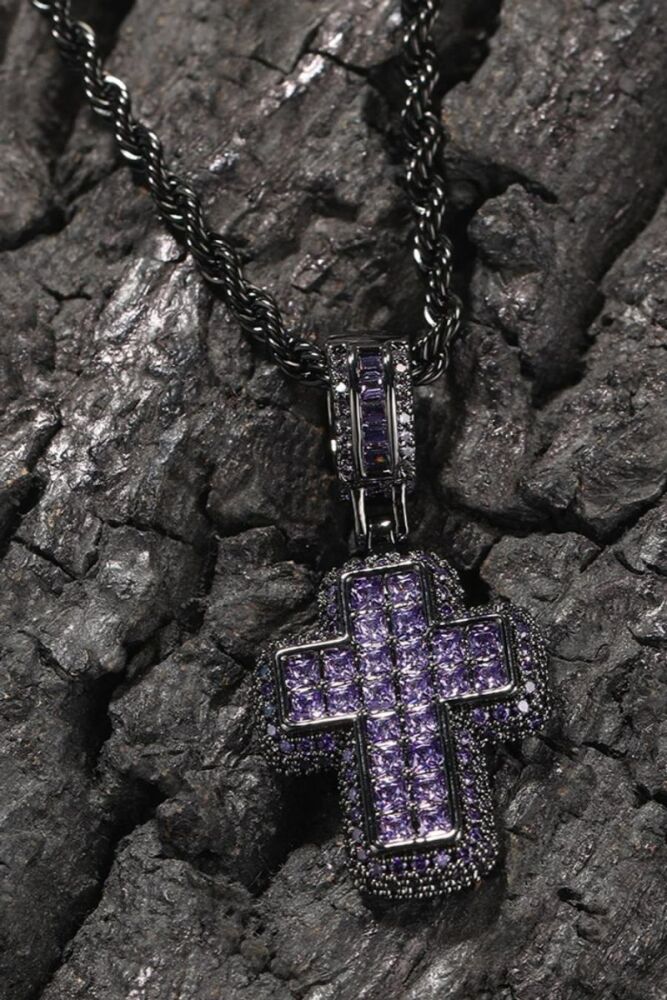Black/Purple Rhinestone Cross Necklace (length:60cm)