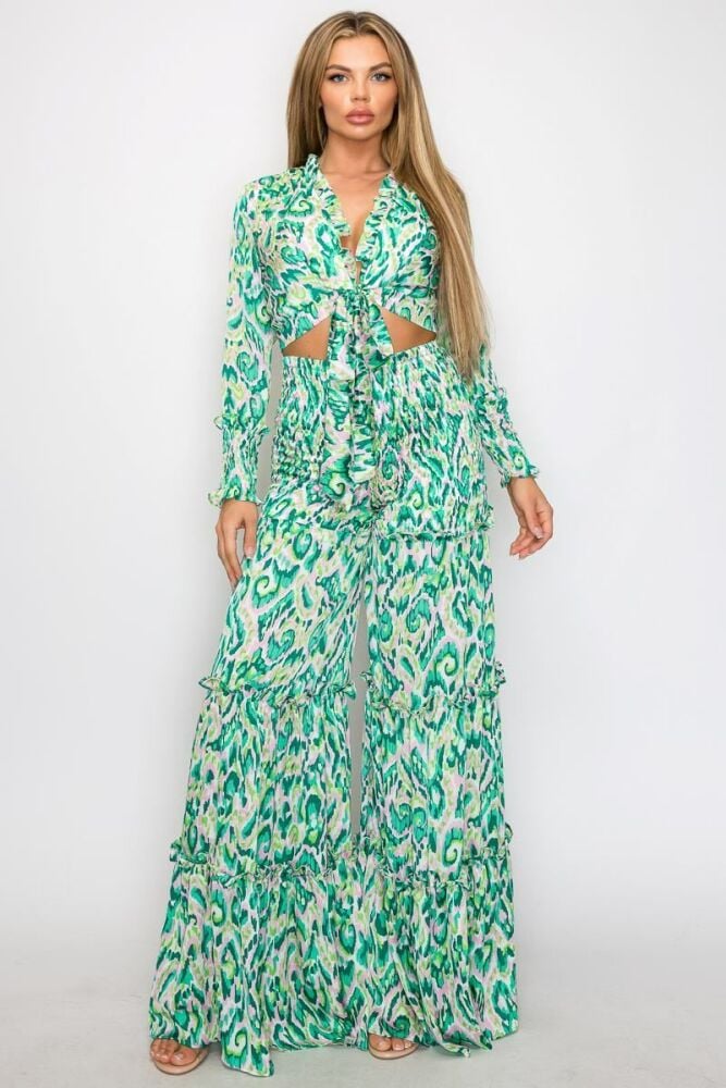 Green Printed Ruffle Detail Wide Leg Matching Pant Set SKU: MS08970