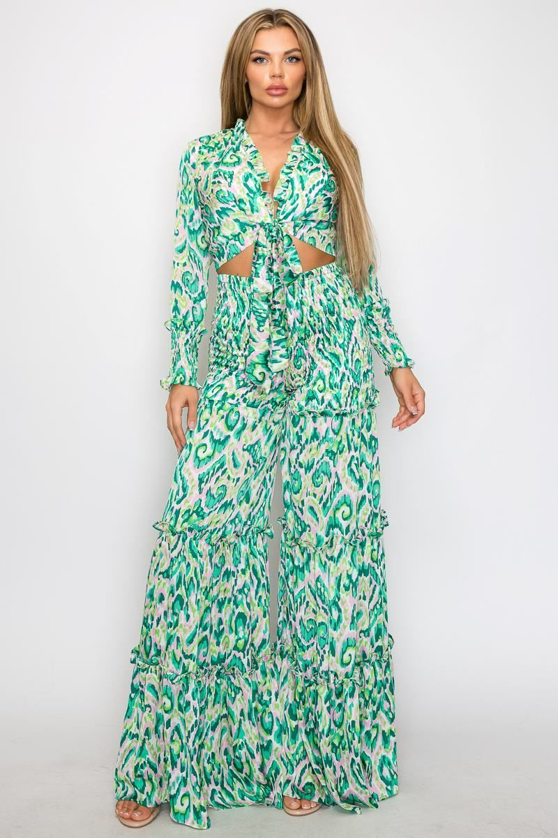 COMING SOON Green Printed Ruffle Detail Wide Leg Matching Pant Set