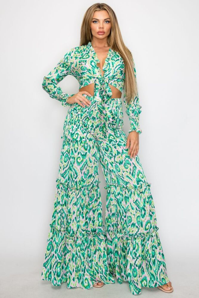 Green Printed Ruffle Detail Wide Leg Matching Pant Set SKU: MS08970912