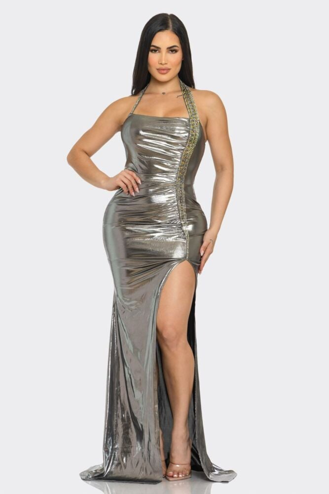 Silver High Slit Rhinestone Metallic Shiny Maxi Dress SKU: M056470