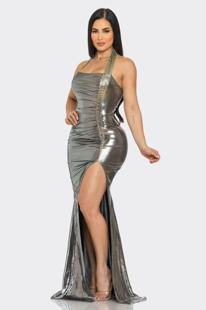 Silver High Slit Rhinestone Metallic Shiny Maxi Dress SKU: M056470