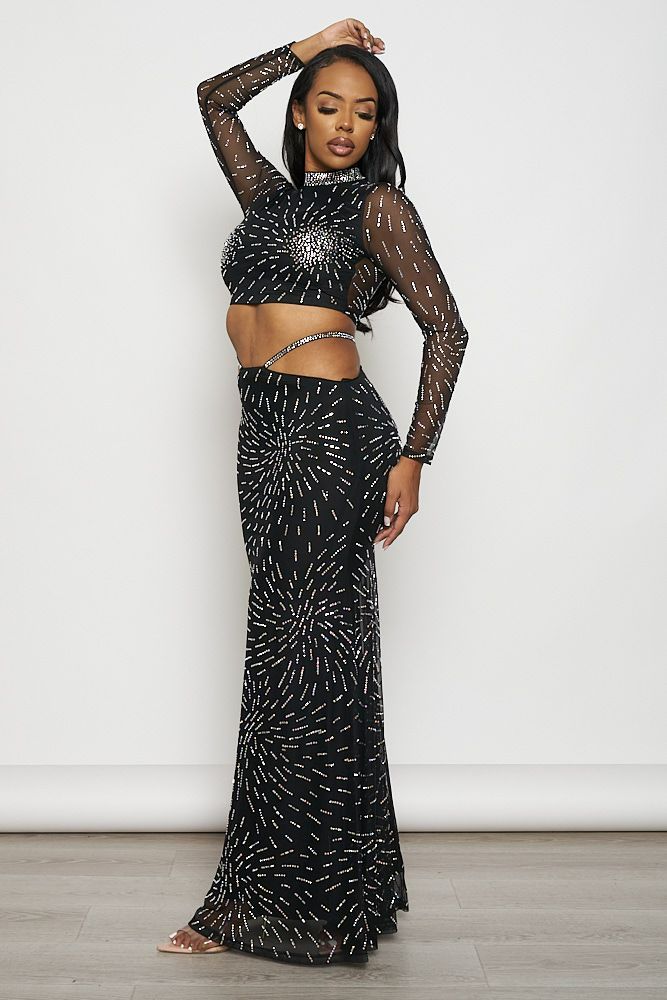 Rhinestone Long Sleeve Crop Top Matching Maxi Skirt Set SKU: D061675844