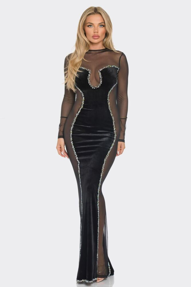 Black Velvet Mesh Contrast Panel Maxi Dress SKU: D046231400