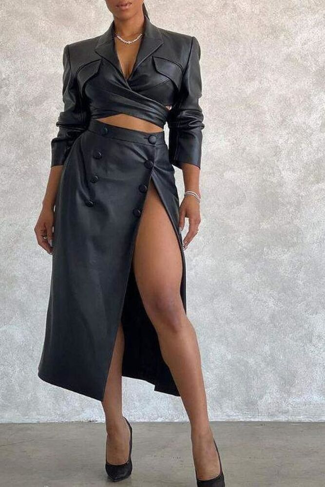 COMING SOON Black PU Leather Blazer Coat High Slit Maxi Skirt Set SKU: M546325643